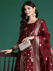 Indo Era Maroon Woven Design Straight Kurta Trousers With Dupatta Set