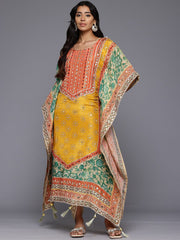 Varanga Women Mustard- Multi Colored Pure Silk Gotta and Mirror Embroidered Kaftan with Dhoti Pants