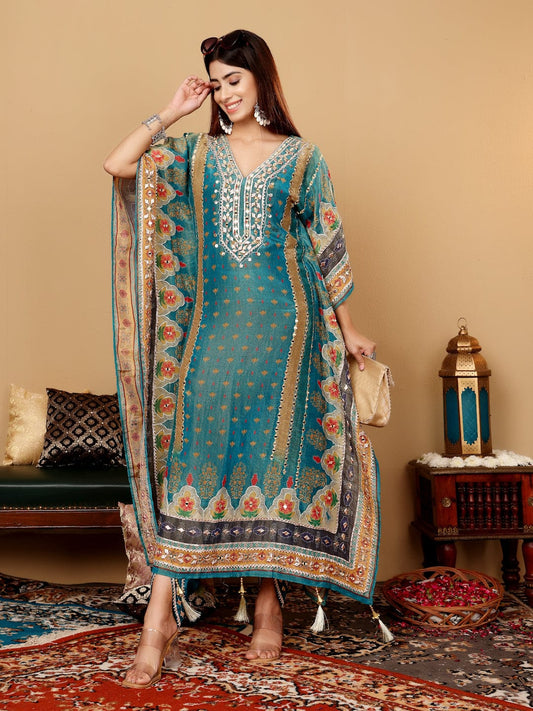 Varanga Women Teal Blue Pure Silk Gotta And Mirror Work Kaftan With Tulip Pants