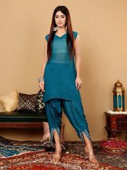 Varanga Women Teal Blue Pure Silk Gotta And Mirror Work Kaftan With Tulip Pants