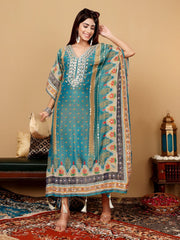 Varanga Women Teal Blue Pure Silk Gotta And Mirror Work Kaftan With Tulip Pants