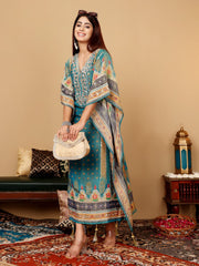 Varanga Women Teal Blue Pure Silk Gotta And Mirror Work Kaftan With Tulip Pants