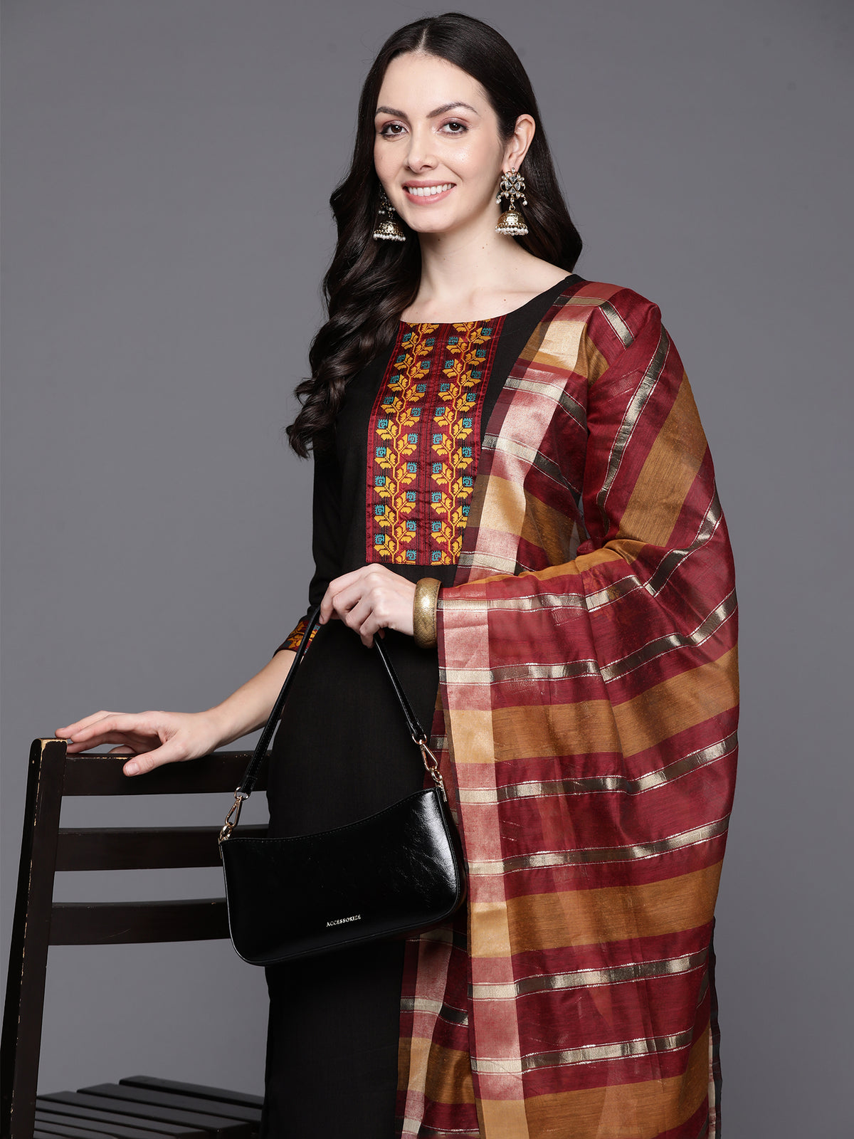 Indo Era Black Yoke Design Straight Kurta Palazzos With Dupatta Set