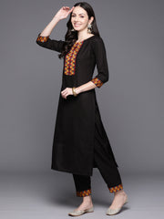 Indo Era Black Yoke Design Straight Kurta Palazzos With Dupatta Set