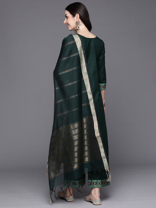 Indo Era Green Yoke Design Straight Kurta Palazzos With Dupatta Set