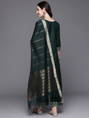 Indo Era Green Yoke Design Straight Kurta Palazzos With Dupatta Set