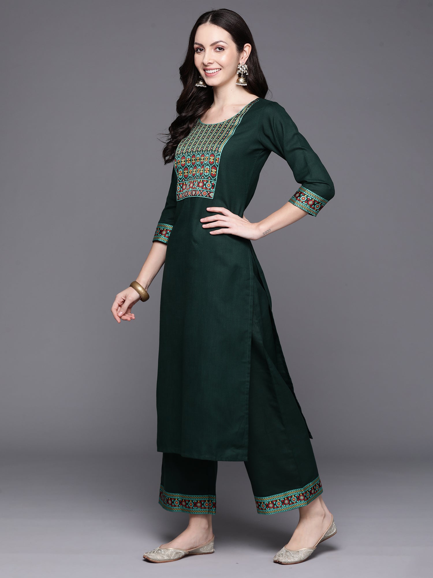 Indo Era Green Yoke Design Straight Kurta Palazzos With Dupatta Set