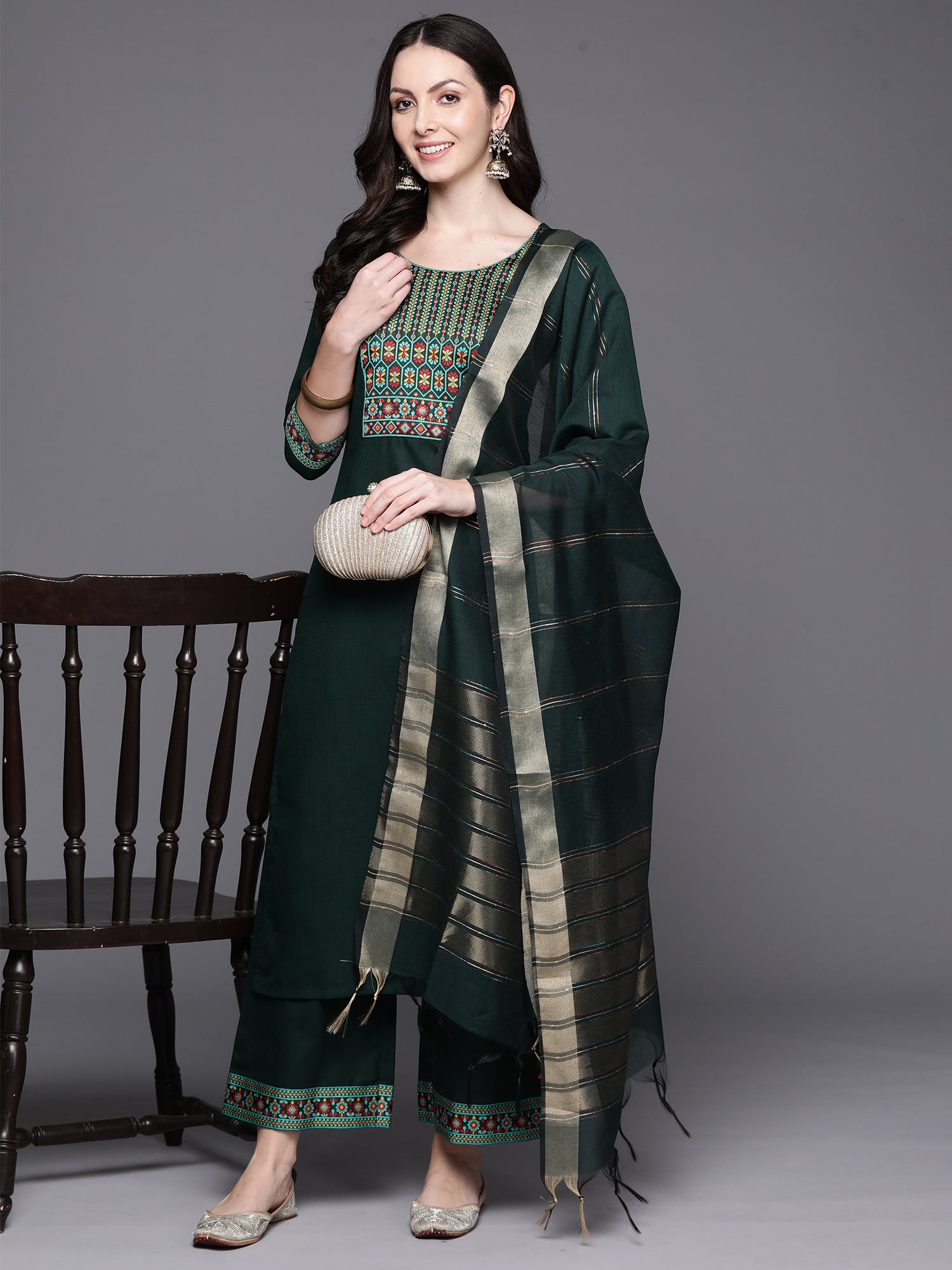 Indo Era Green Yoke Design Straight Kurta Palazzos With Dupatta Set