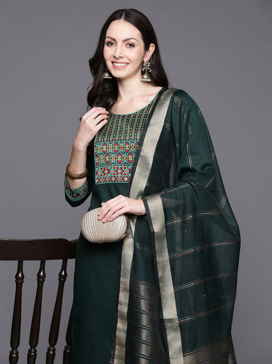 Indo Era Green Yoke Design Straight Kurta Palazzos With Dupatta Set