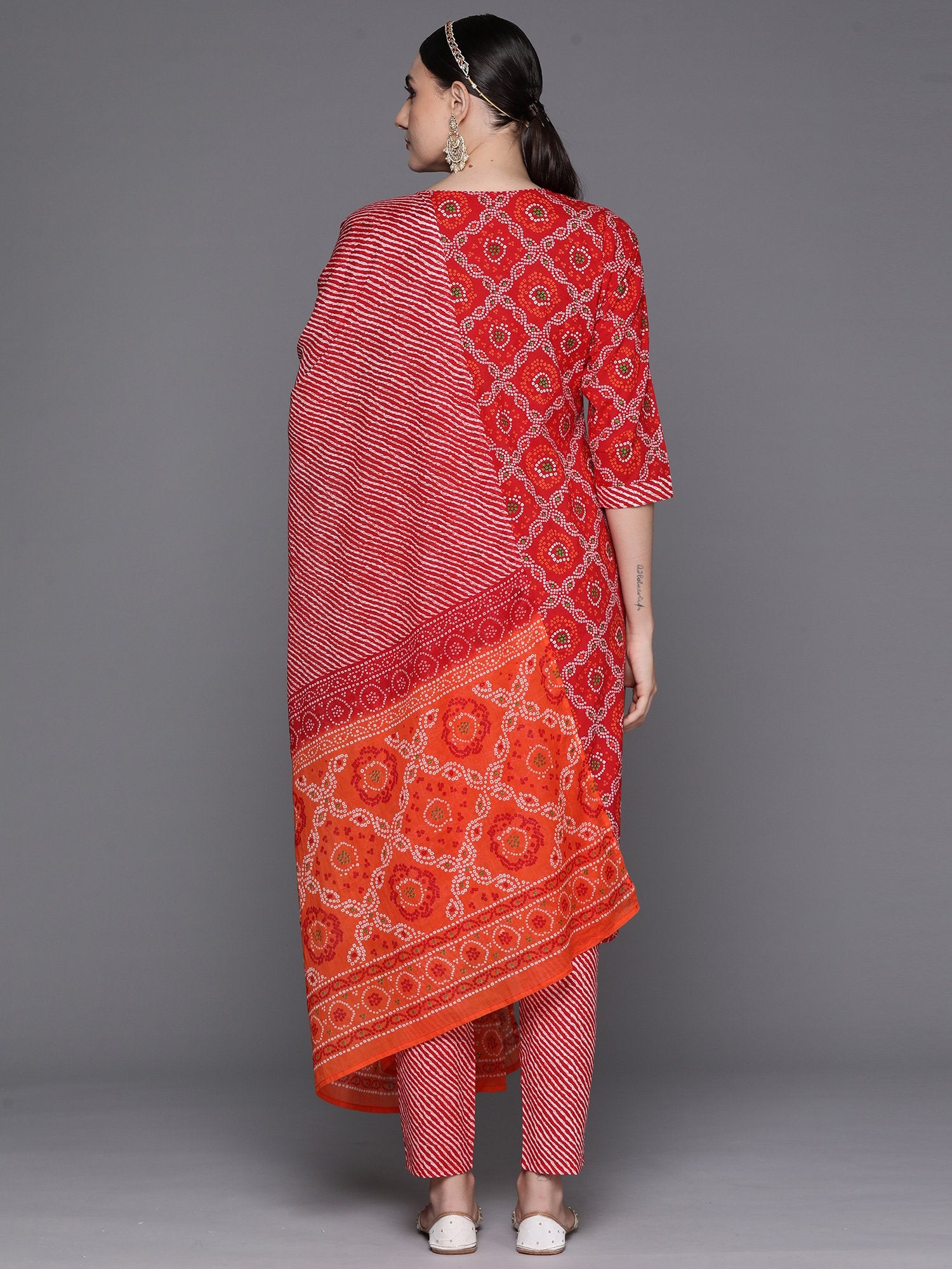 Indo Era Red Printed Straight Kurta Trousers With Dupatta Set