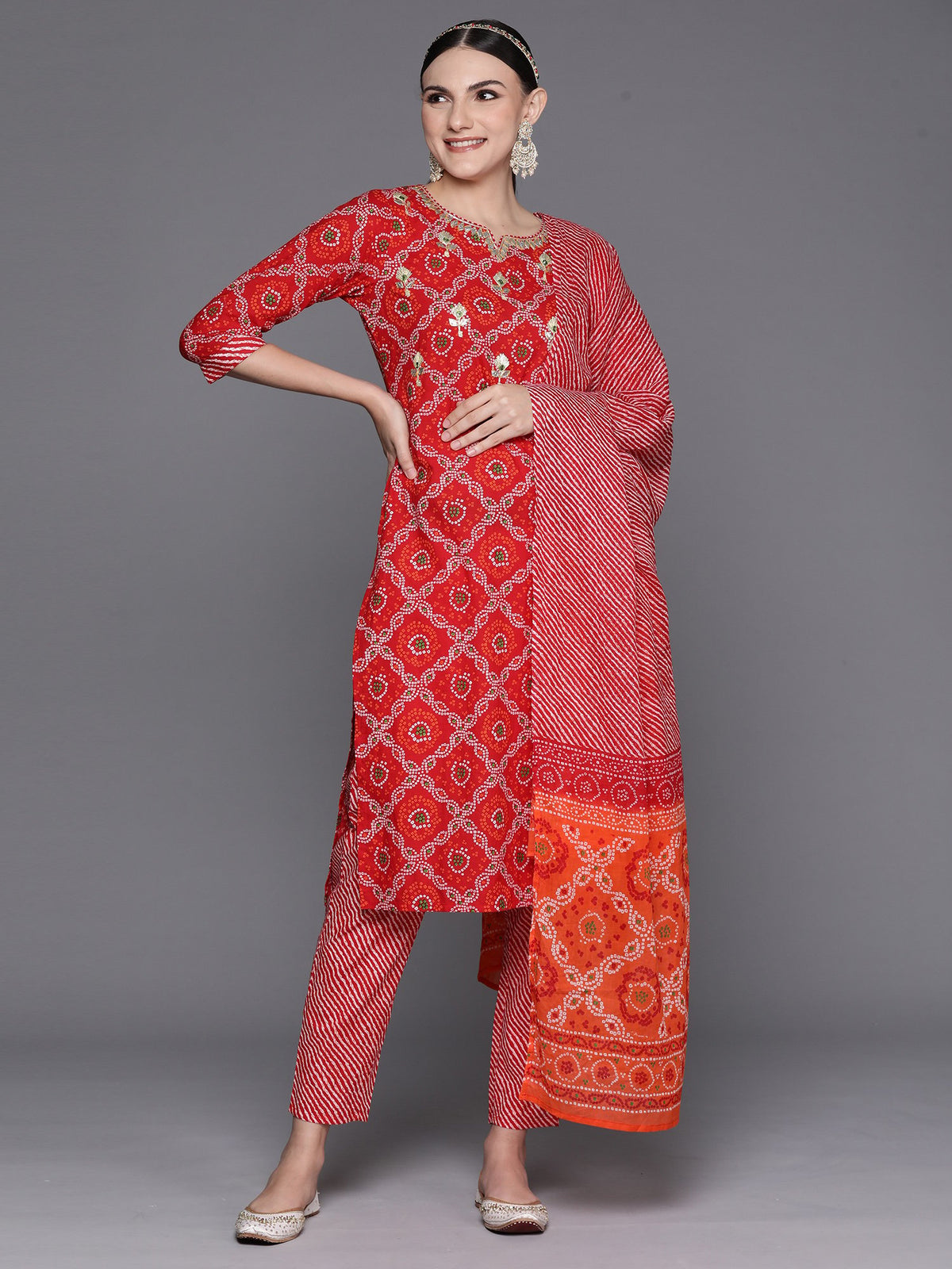 Indo Era Red Printed Straight Kurta Trousers With Dupatta Set