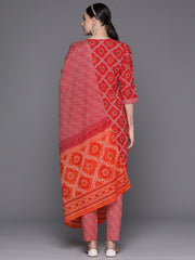 Indo Era Red Printed Straight Kurta Trousers With Dupatta Set