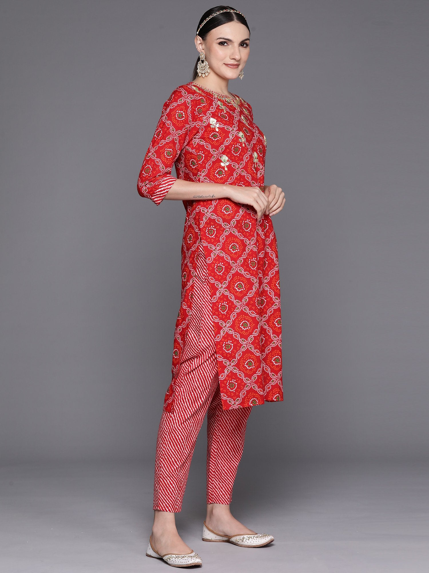 Indo Era Red Printed Straight Kurta Trousers With Dupatta Set