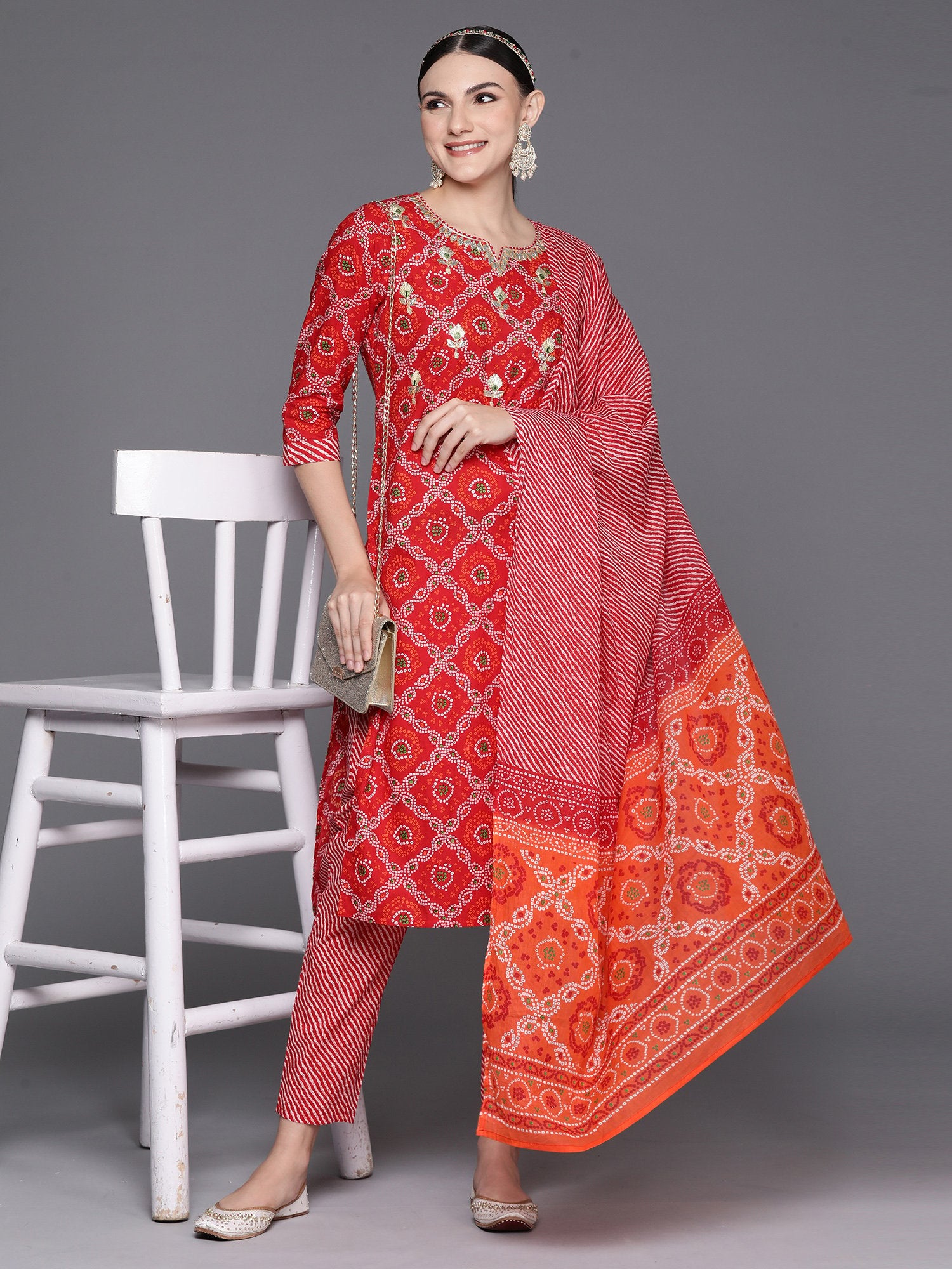 Indo Era Red Printed Straight Kurta Trousers With Dupatta Set