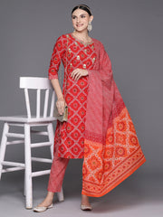 Indo Era Red Printed Straight Kurta Trousers With Dupatta Set