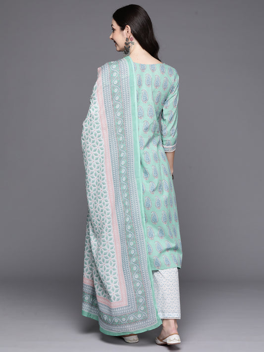 Indo Era Sea Green Printed Straight Kurta Palazzos With Dupatta Set