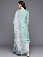 Indo Era Sea Green Printed Straight Kurta Palazzos With Dupatta Set