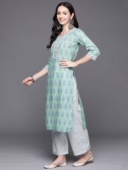 Indo Era Sea Green Printed Straight Kurta Palazzos With Dupatta Set