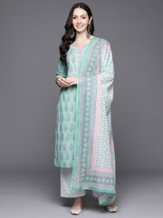 Indo Era Sea Green Printed Straight Kurta Palazzos With Dupatta Set