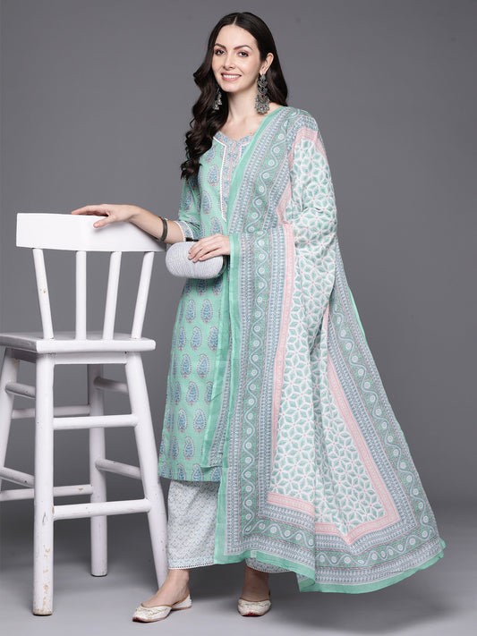 Indo Era Sea Green Printed Straight Kurta Palazzos With Dupatta Set