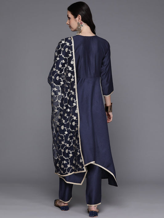 Indo Era Navy Blue Solid A-Line Kurta Trousers With Dupatta Set