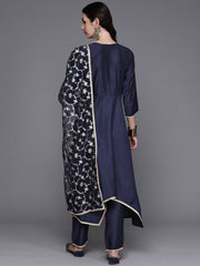 Indo Era Navy Blue Solid A-Line Kurta Trousers With Dupatta Set