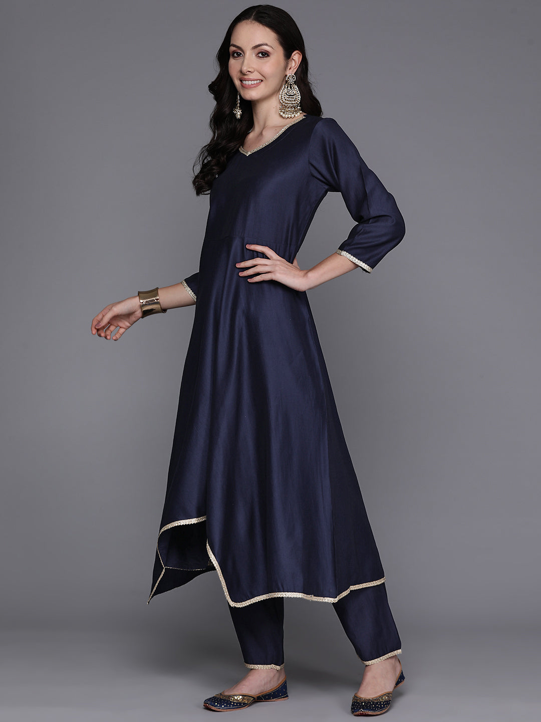 Indo Era Navy Blue Solid A-Line Kurta Trousers With Dupatta Set