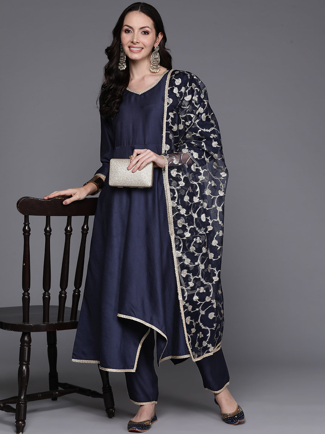 Indo Era Navy Blue Solid A-Line Kurta Trousers With Dupatta Set