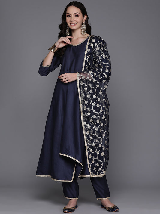 Indo Era Navy Blue Solid A-Line Kurta Trousers With Dupatta Set