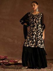 Indo Era Black Embroidered Straight Kurta Sharara set