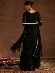 Indo Era Black Embroidered Straight Kurta Sharara set