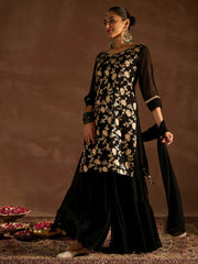 Indo Era Black Embroidered Straight Kurta Sharara set