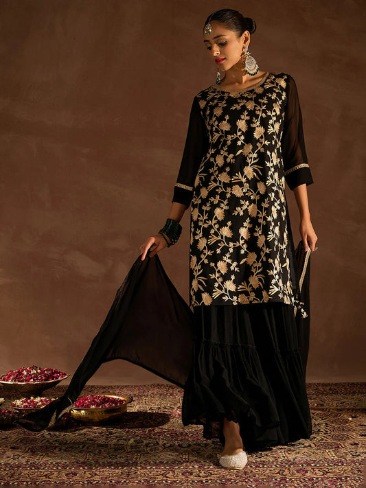 Indo Era Black Embroidered Straight Kurta Sharara set