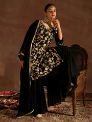 Indo Era Black Embroidered Straight Kurta Sharara set