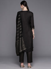 Indo Era Black Embroidered Straight Kurta Trousers With Dupatta Set