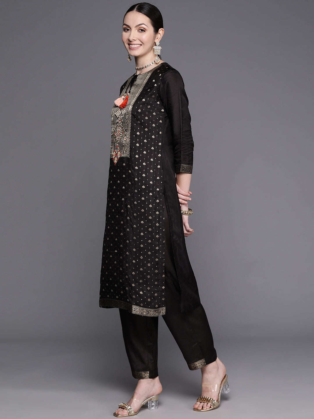 Indo Era Black Embroidered Straight Kurta Trousers With Dupatta Set