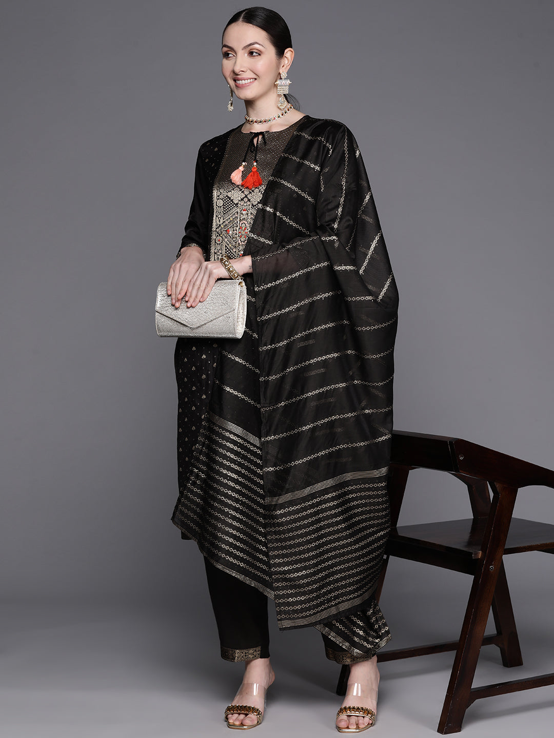 Indo Era Black Embroidered Straight Kurta Trousers With Dupatta Set