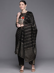 Indo Era Black Embroidered Straight Kurta Trousers With Dupatta Set