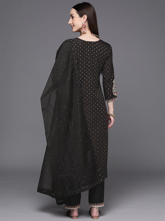 Indo Era Black Embroidered Straight Kurta Trousers With Dupatta Set