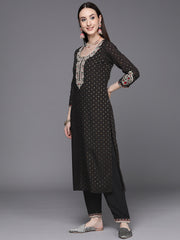 Indo Era Black Embroidered Straight Kurta Trousers With Dupatta Set