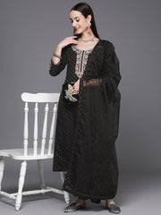 Indo Era Black Embroidered Straight Kurta Trousers With Dupatta Set