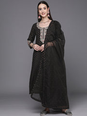 Indo Era Black Embroidered Straight Kurta Trousers With Dupatta Set