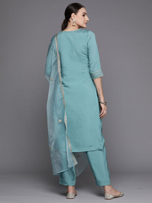 Indo Era Blue Embroidered Straight Kurta Trousers With Dupatta Set