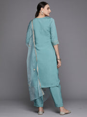 Indo Era Blue Embroidered Straight Kurta Trousers With Dupatta Set