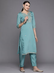 Indo Era Blue Embroidered Straight Kurta Trousers With Dupatta Set