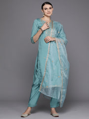 Indo Era Blue Embroidered Straight Kurta Trousers With Dupatta Set