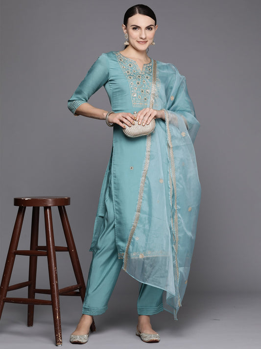 Indo Era Blue Embroidered Straight Kurta Trousers With Dupatta Set