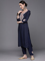 Indo Era Blue Embroidered Straight Kurta Trousers With Dupatta Set