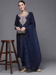 Indo Era Blue Embroidered Straight Kurta Trousers With Dupatta Set