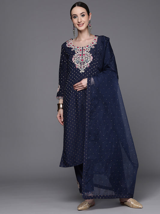 Indo Era Blue Embroidered Straight Kurta Trousers With Dupatta Set